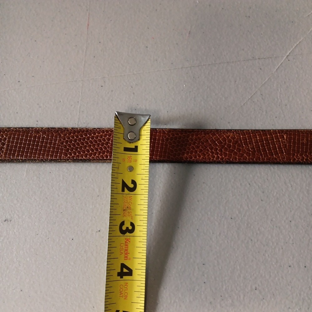 VTG Reptile Leather Belt Womens Size 38 Cognac Red Brass Square Buckle Old Money - Picture 11 of 12